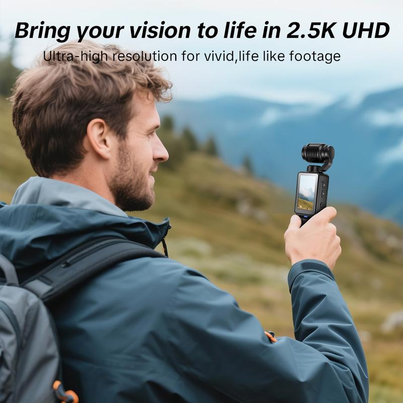 Pocket Vlogging Camera, Portable 2.5K Ultra HD Video Recorder with 180° Rotating Lens, Handheld Stabilizer Pocket Camera