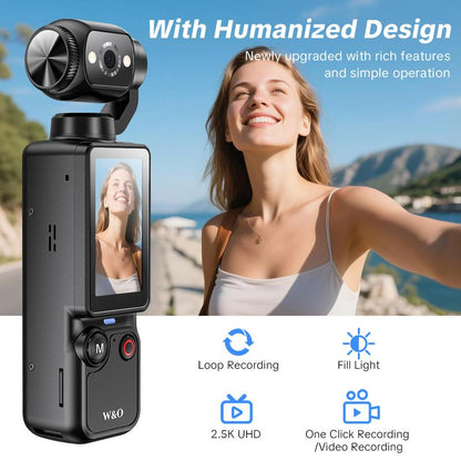 Pocket Vlogging Camera, Portable 2.5K Ultra HD Video Recorder with 180° Rotating Lens, Handheld Stabilizer Pocket Camera