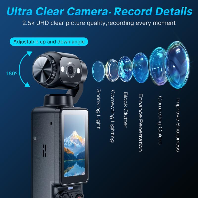 Pocket Vlogging Camera, Portable 2.5K Ultra HD Video Recorder with 180° Rotating Lens, Handheld Stabilizer Pocket Camera